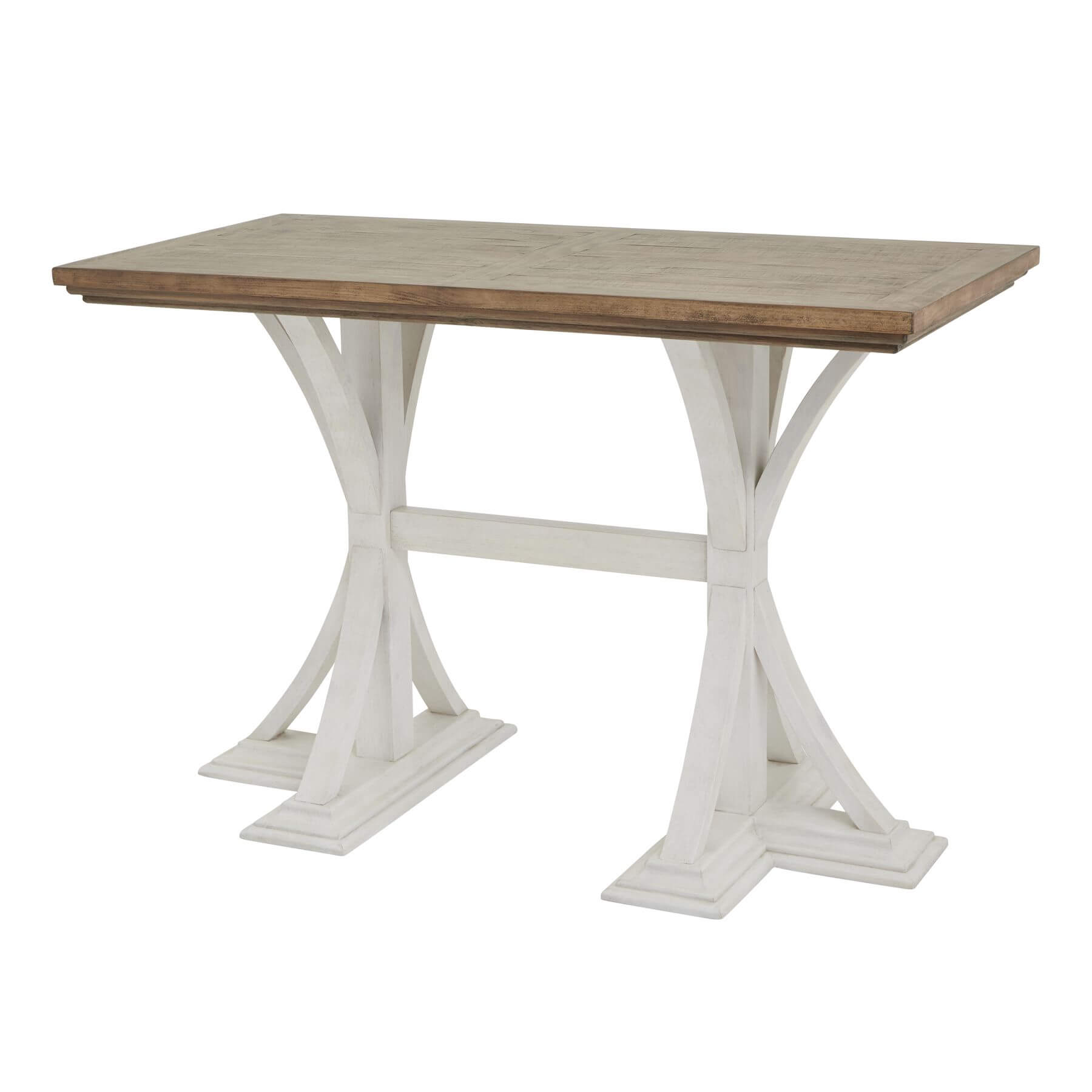 Handcrafted pine bar table with white base, rustic wood grain, and contemporary design for stylish entertaining spaces. by RoomLondon at brixbailey.com
