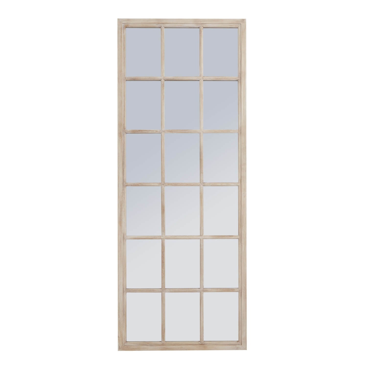 Tall washed wood window mirror with 18 panes, rustic black frame, enhances space in farmhouse or modern decor. by RoomLondon at brixbailey.com
