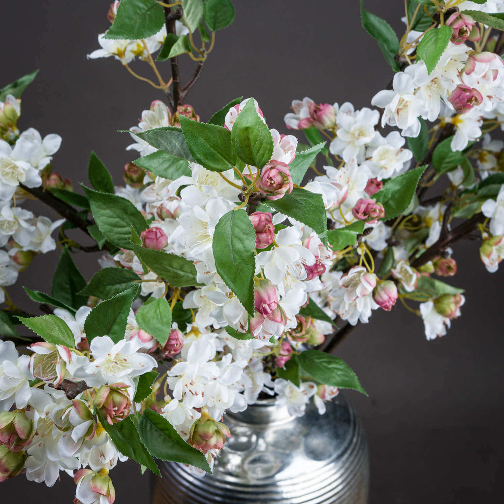Lifelike English blossom branch with soft pink silk flowers and green leaves on natural brown stems, 90cm tall  by sostter at brixbailey.com