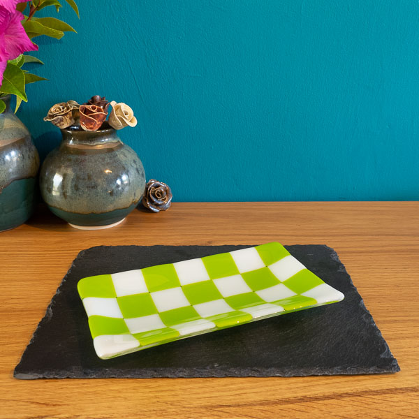 Chequered White and Colour Large Fused Glass Tray 21x12cm