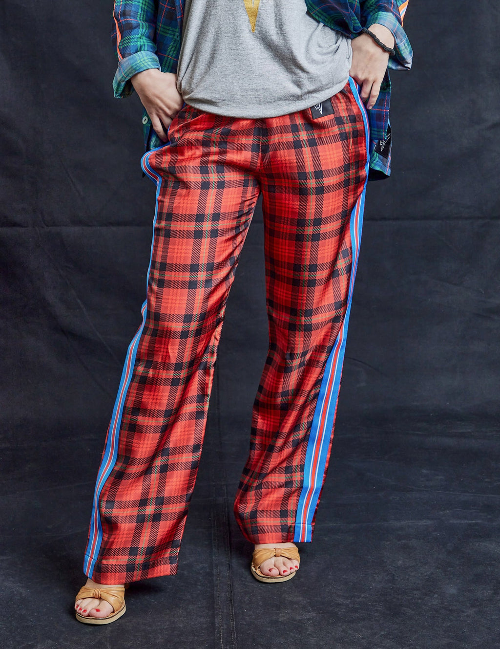 Red Silk Trousers with Neon Stripe