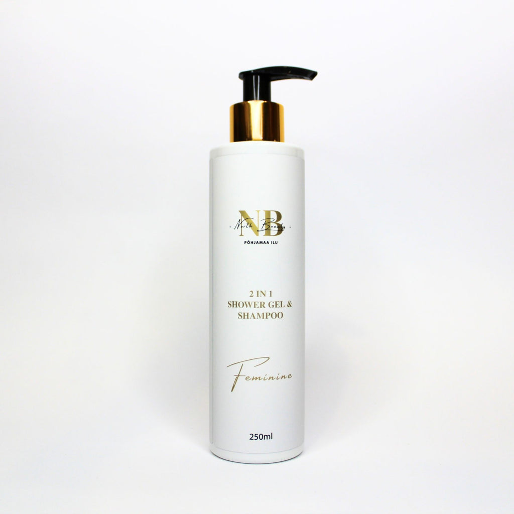 bold close-up of eco-friendly 2-in-1 shower gel and shampoo bottle with aloe vera