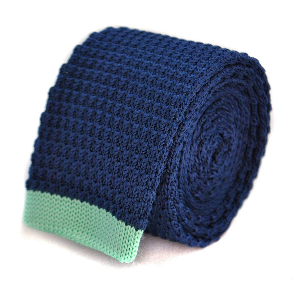 Navy Blue Skinny Knitted Tie with Mint Green Tip