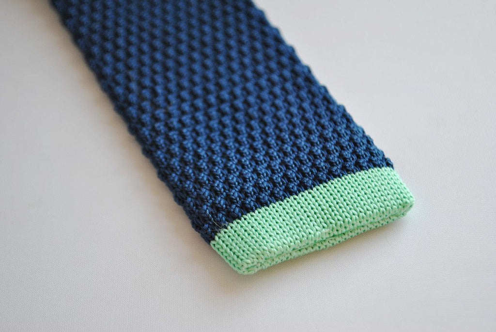 Navy Blue Skinny Knitted Tie with Mint Green Tip