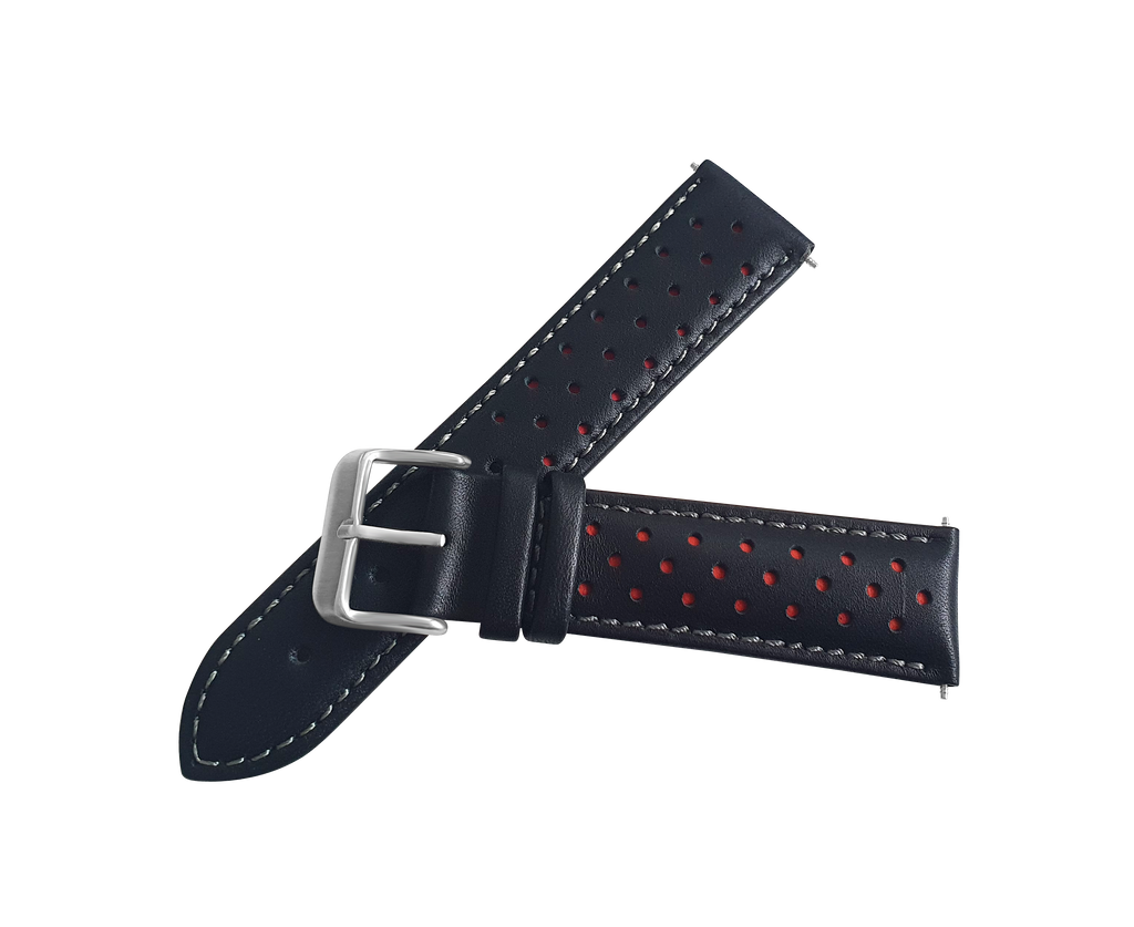 Black and Red Leather Rally Watch Strap with Silver Buckle