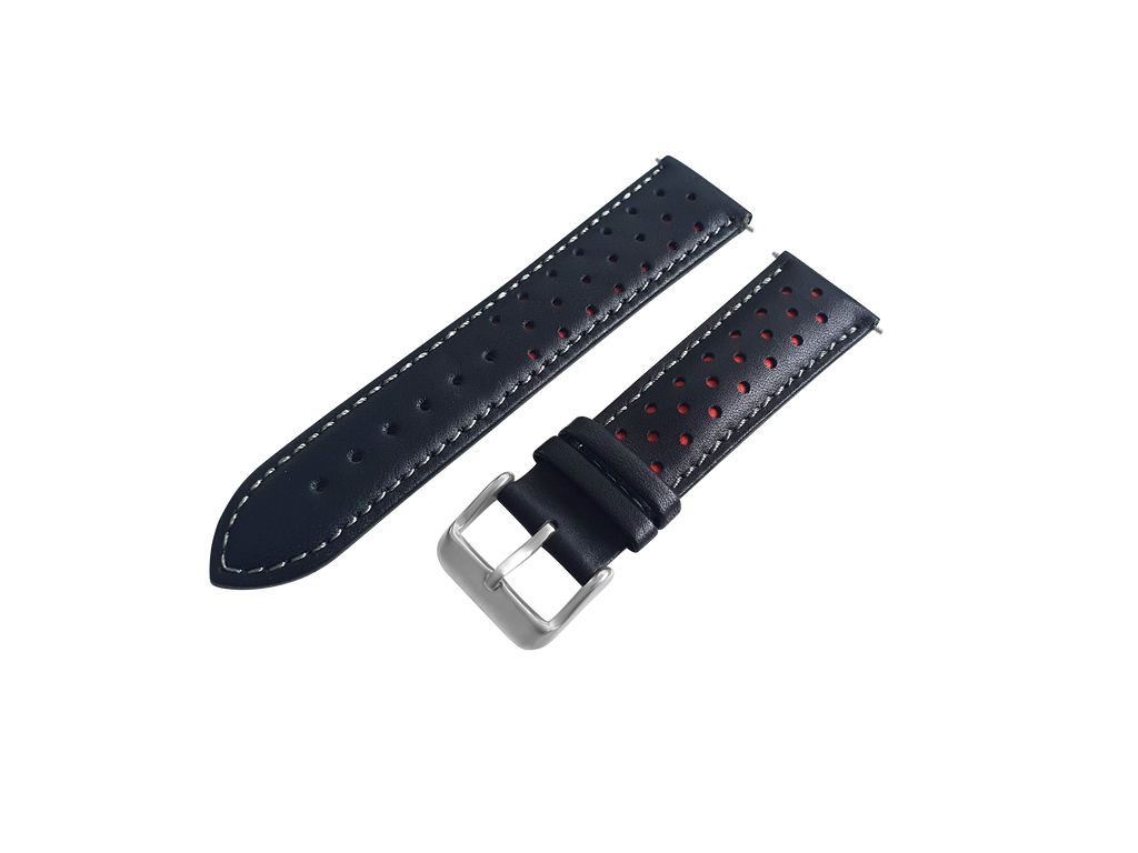 Black and Red Leather Rally Watch Strap with Silver Buckle