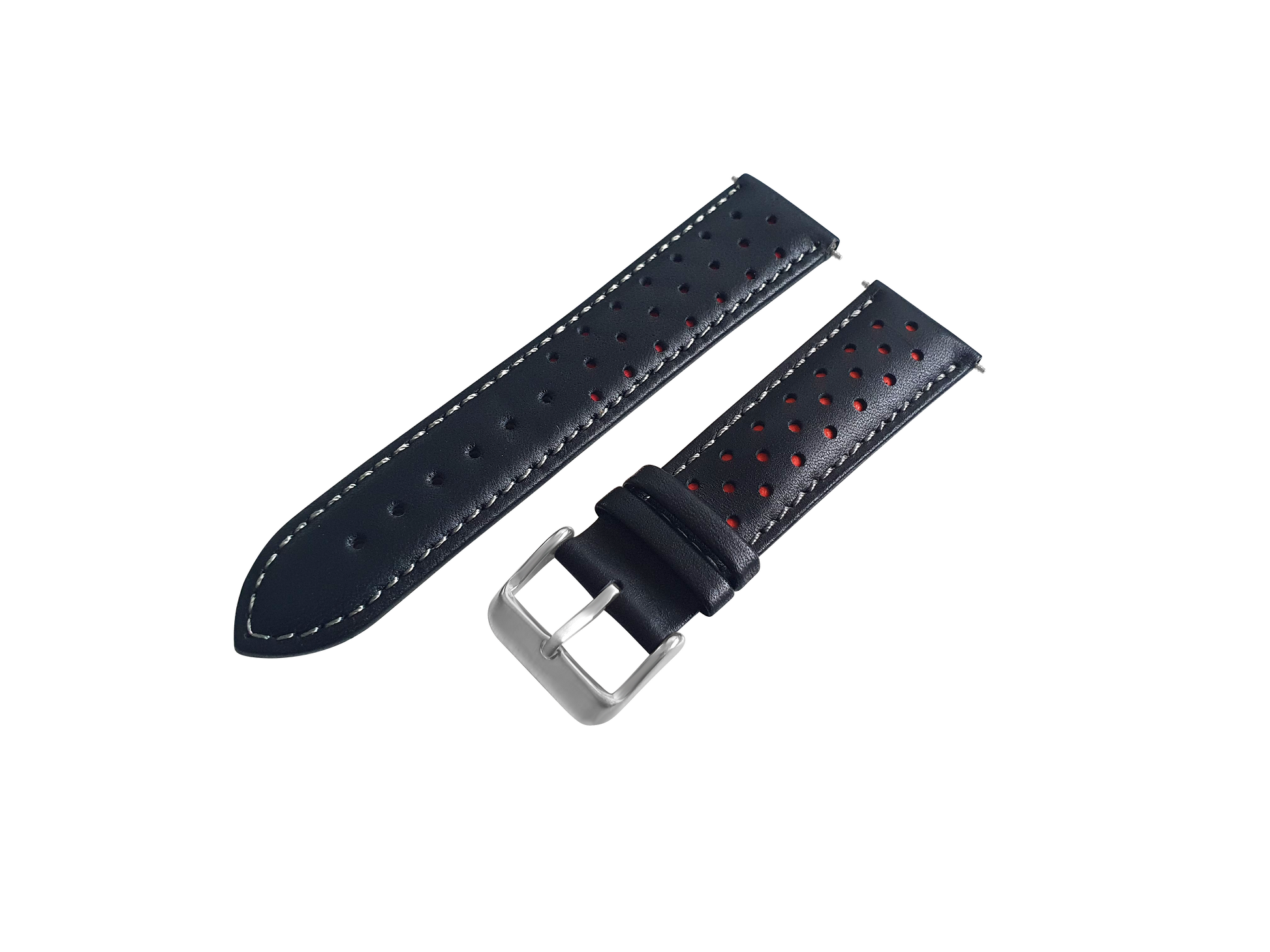 Black and Red Leather Rally Watch Strap with Silver Buckle