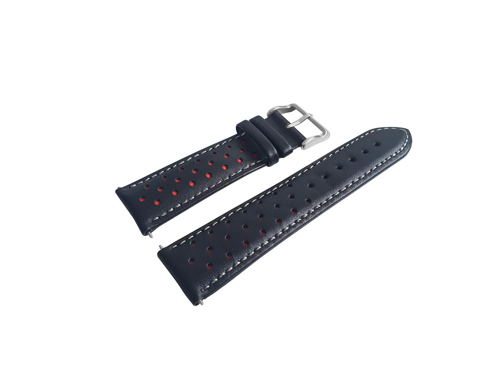Black and Red Leather Rally Watch Strap with Silver Buckle