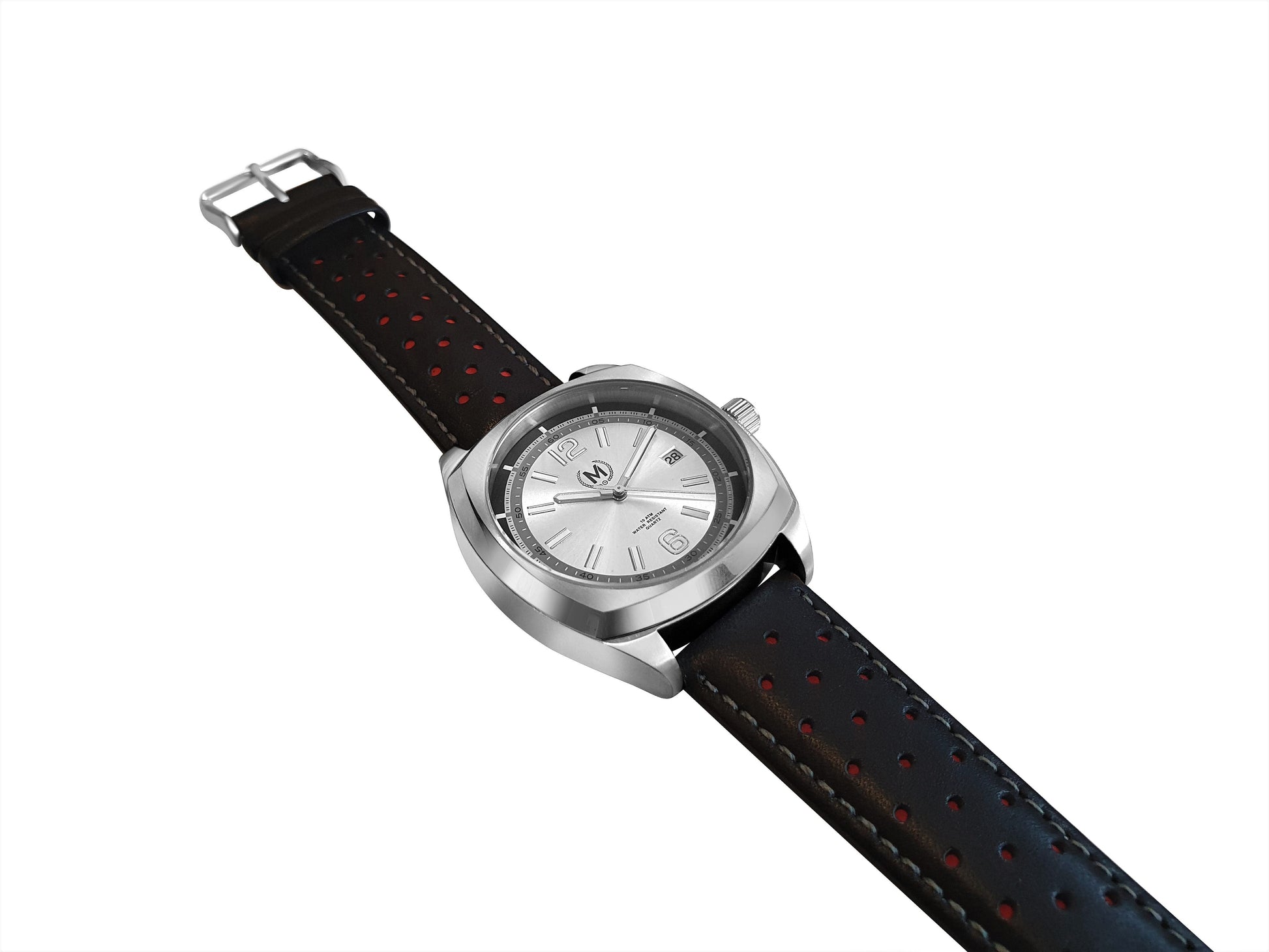 Silver Dial Driver Watch with Black and Red Leather Strap