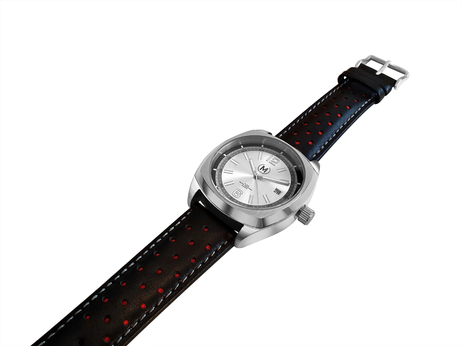 Silver Dial Driver Watch with Black and Red Leather Strap