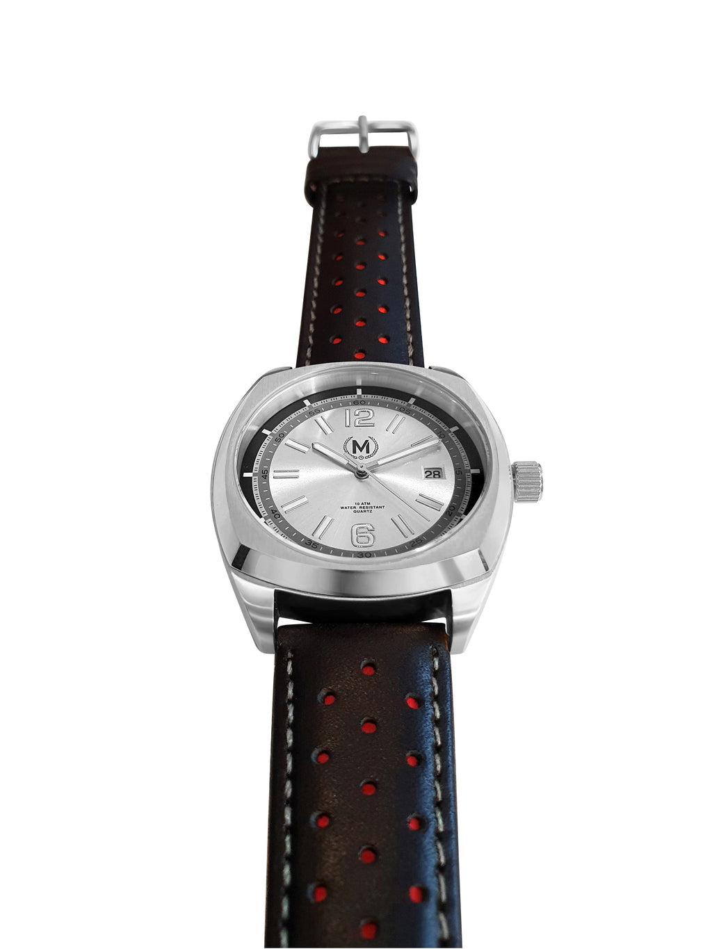 Silver Dial Driver Watch with Black and Red Leather Strap