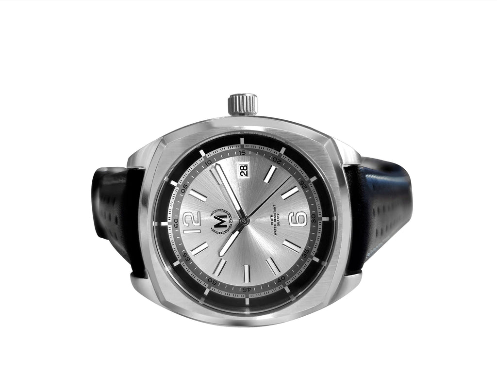Silver Dial Driver Watch with Black and Red Leather Strap