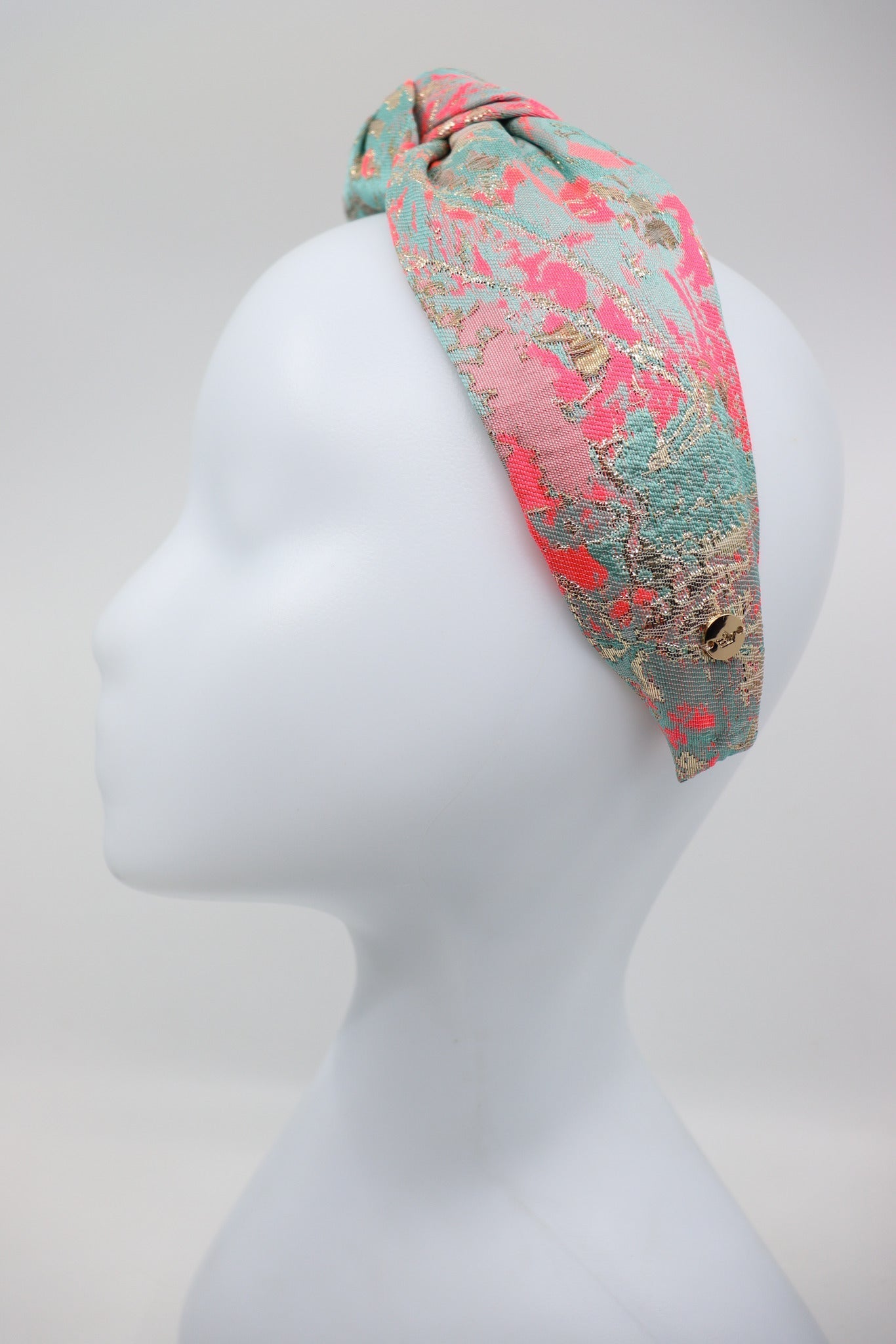 Misty Top Knot Headband – Neon Pink & Gold with Silk by Eva Oherjus at www.brixbailey.com