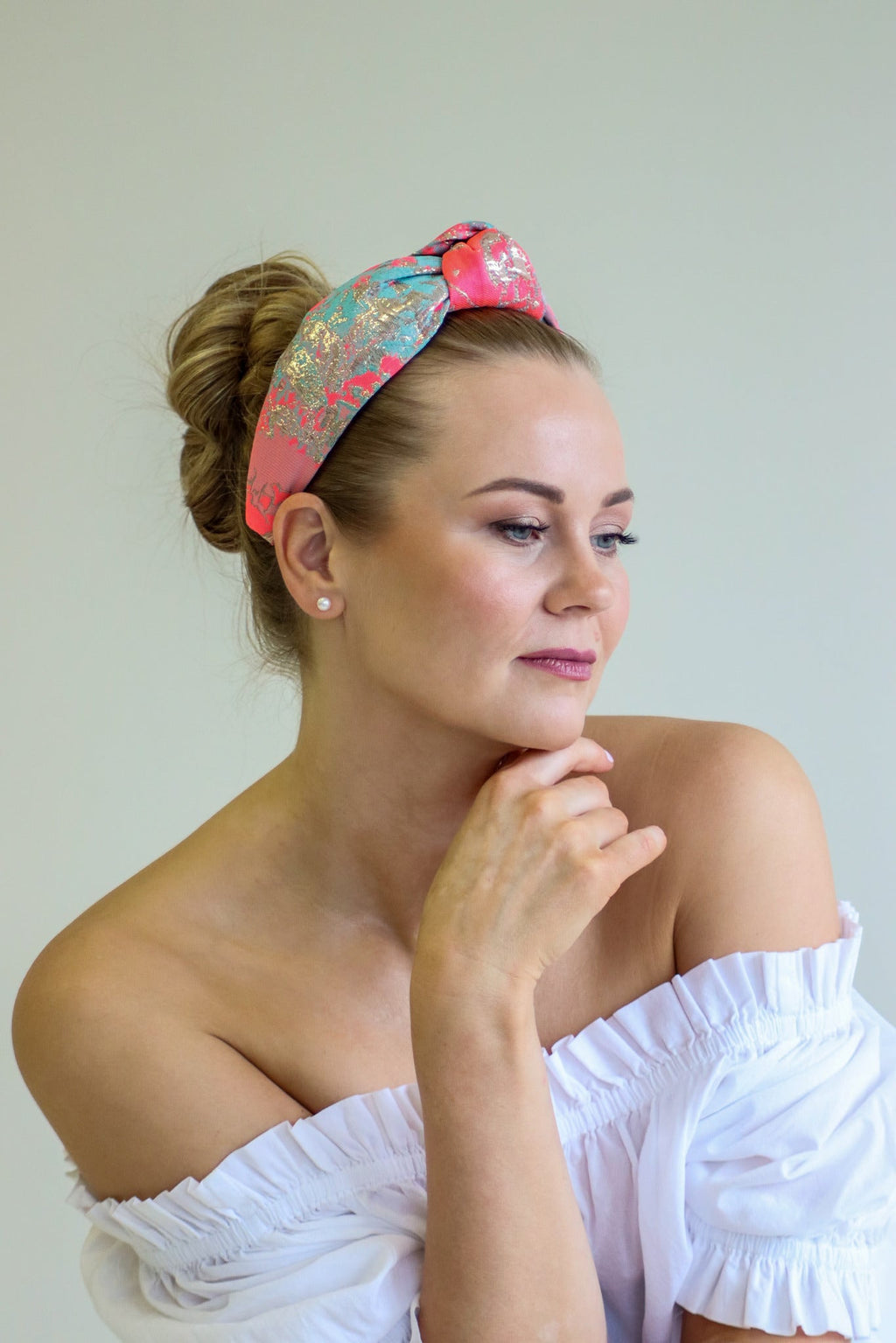 Misty Top Knot Headband - Neon Pink & Gold Luxury Silk by Eva Oherjus at www.brixbailey.com