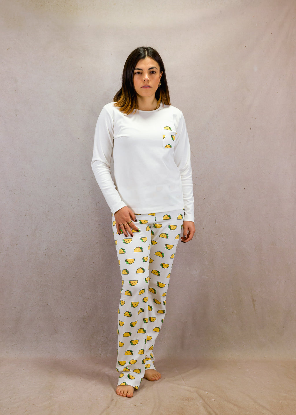 Tacos and White Long Sleeve Top Trouser Set