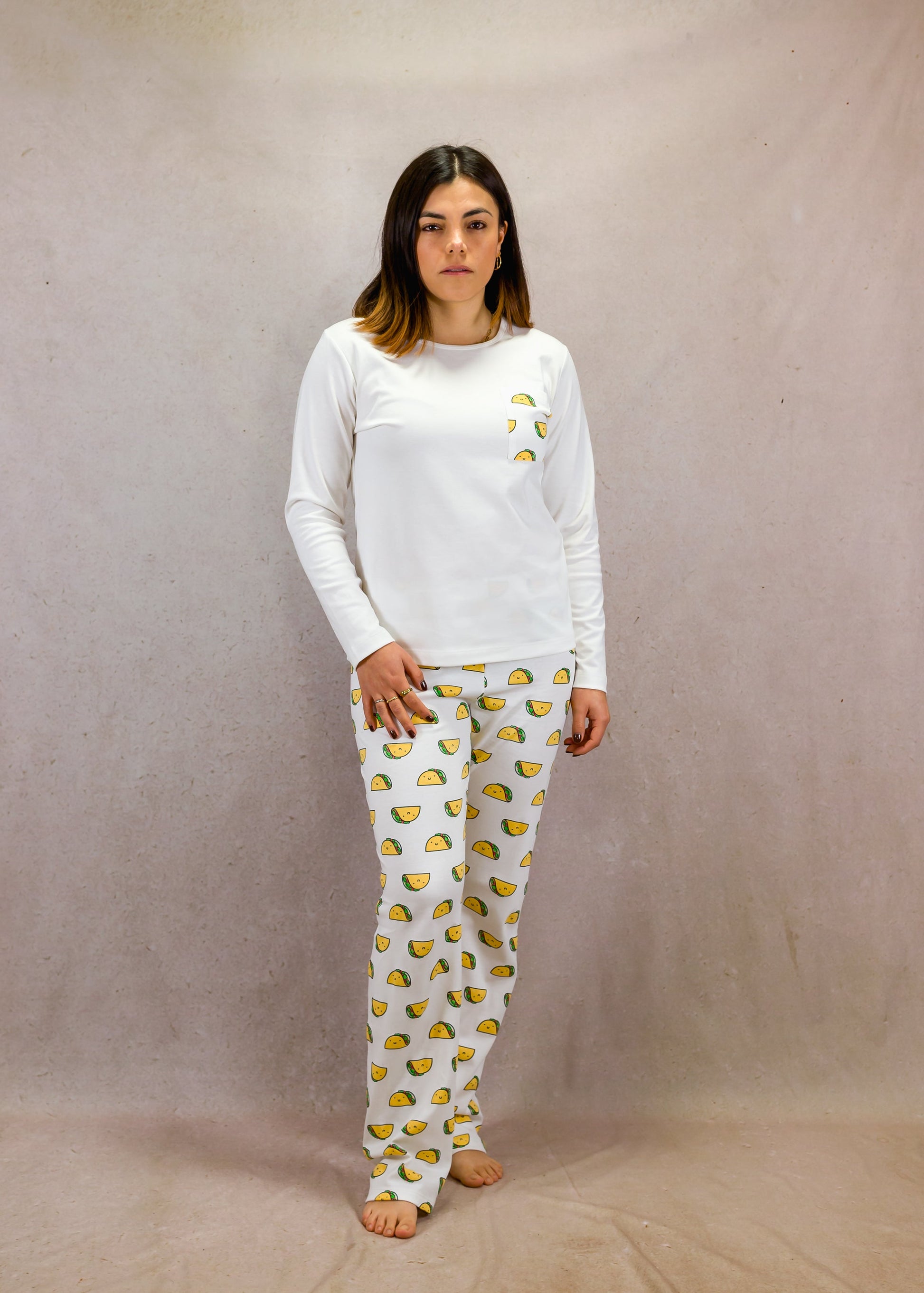 Tacos and White Long Sleeve Top Trouser Set