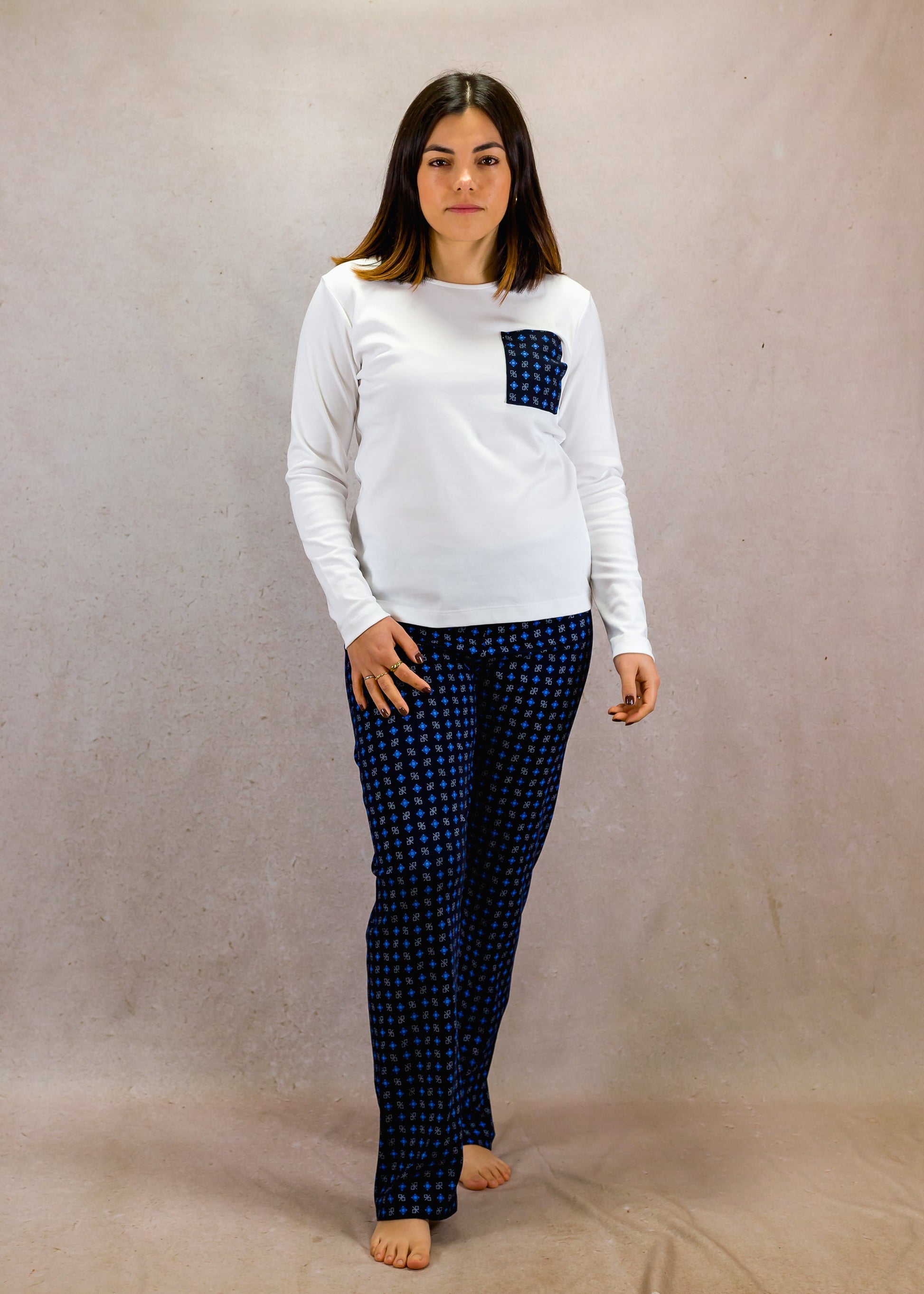 Blue and White Long Sleeve Pajama Set