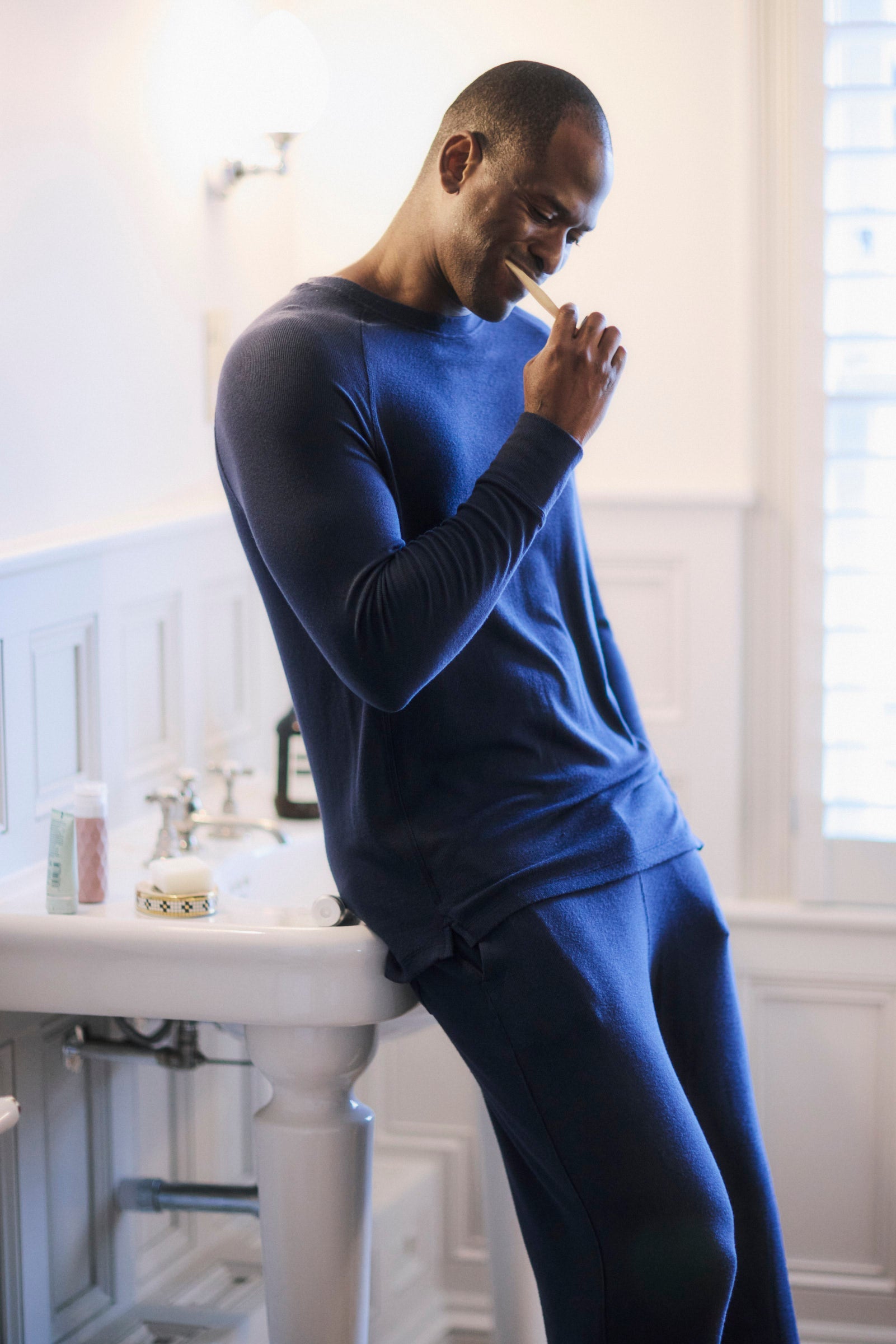 Mens Navy Ribbed Long Sleeve Top and Bottoms Set