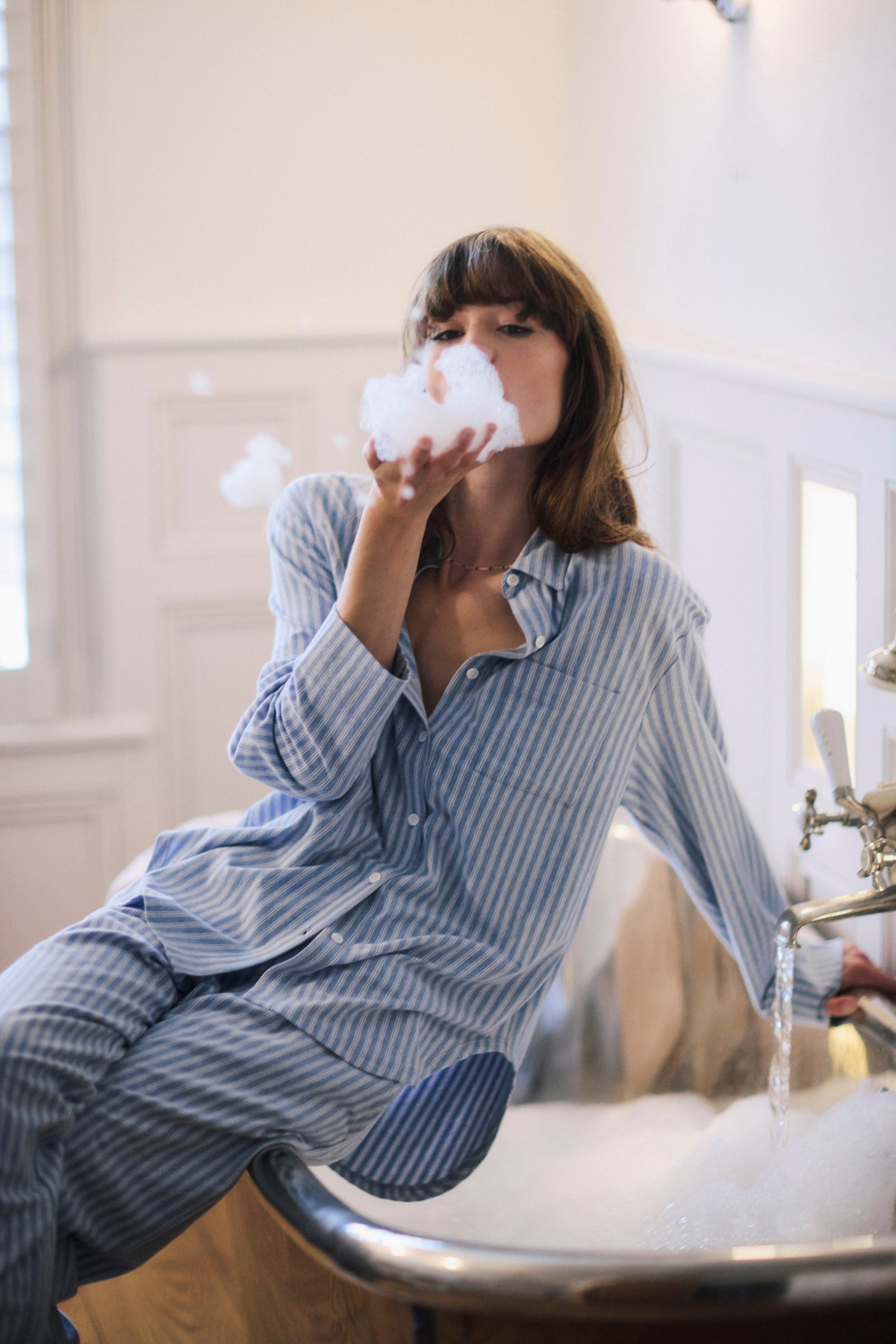Pale Blue Striped Brushed Organic Cotton Pyjama Set
