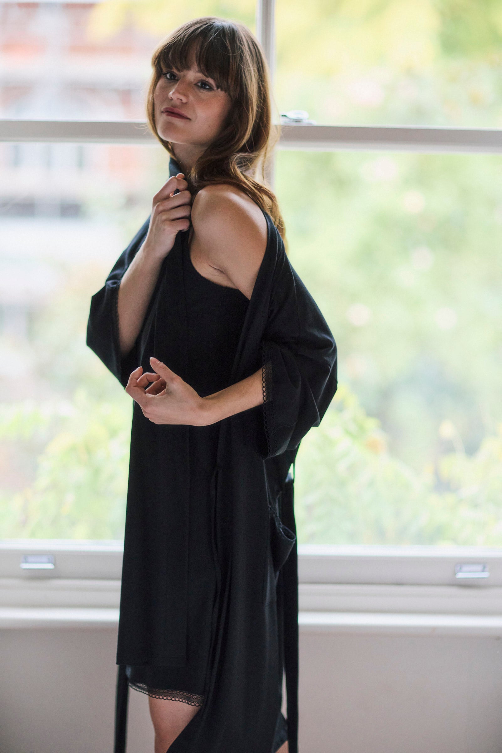 Black Modal Lace Trim Nightdress and Kimono Set