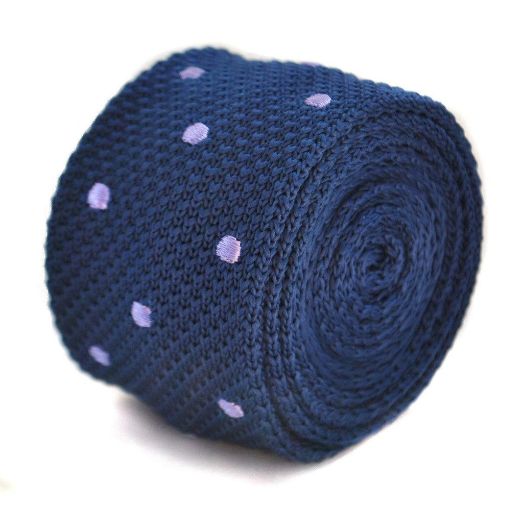 Navy Blue Skinny Knitted Tie with Lilac Purple Polka Dots