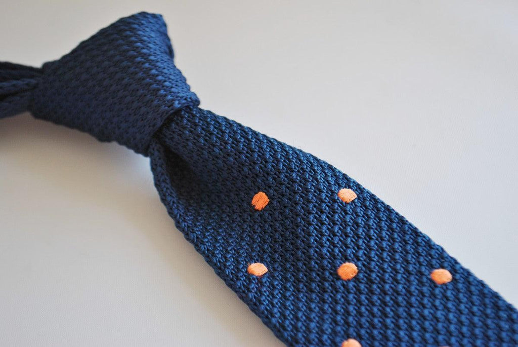 Navy Blue Skinny Knitted Tie with Orange Polka Dots