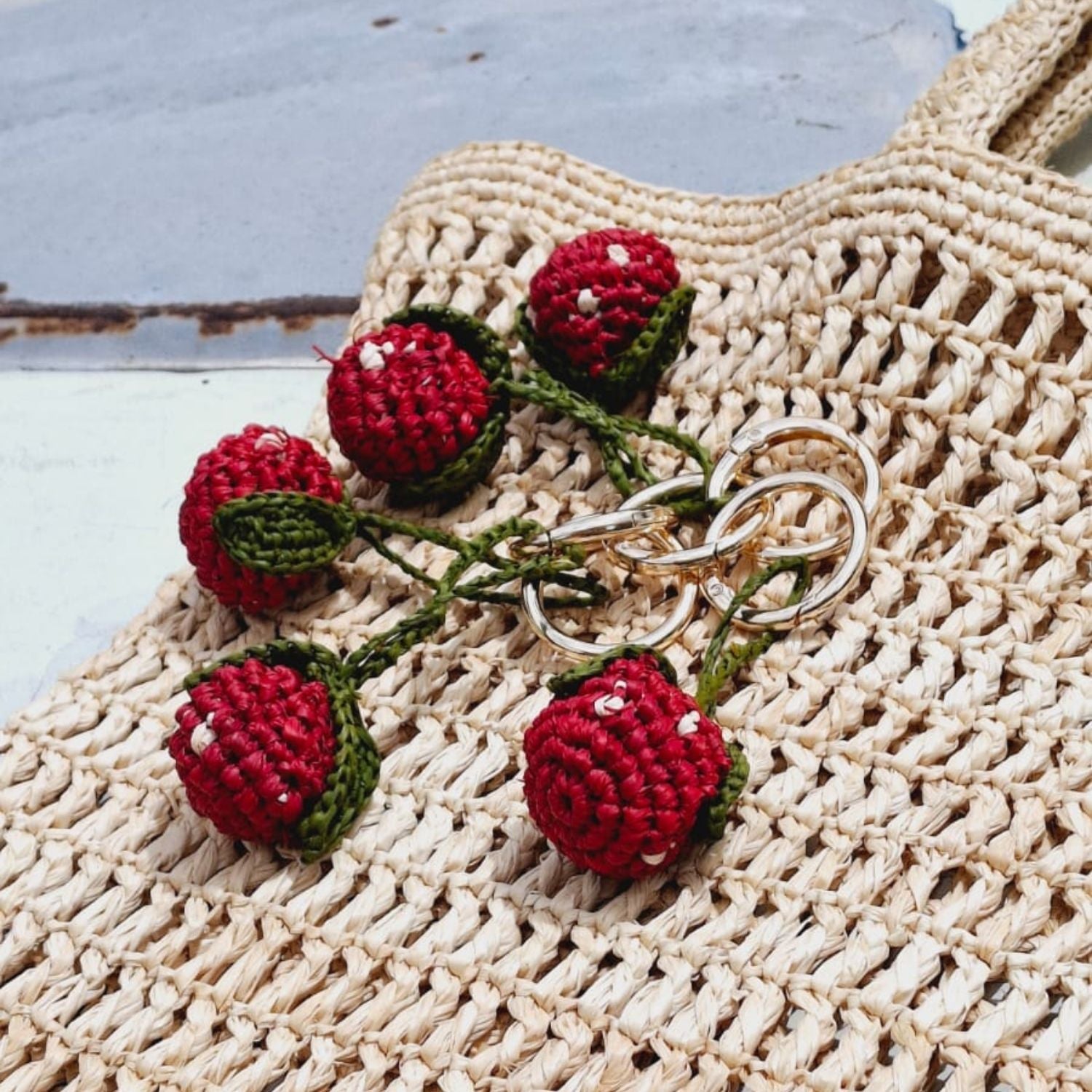 Strawberry Raffia Keyring Hand Crocheted