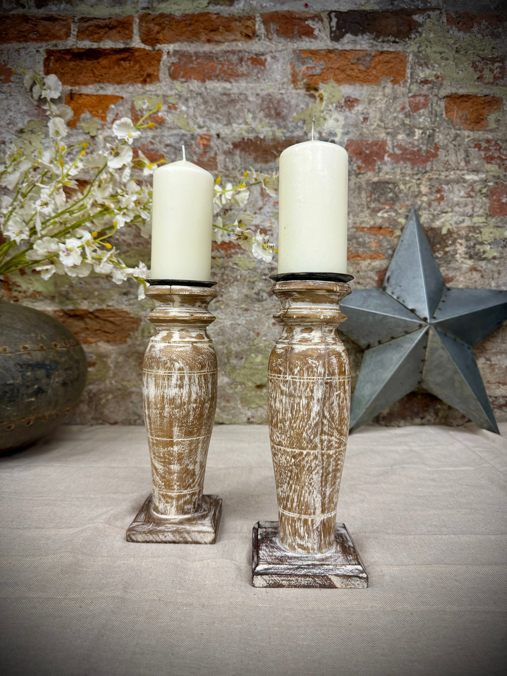 Pair of Rustic Wooden Candle Holders Large