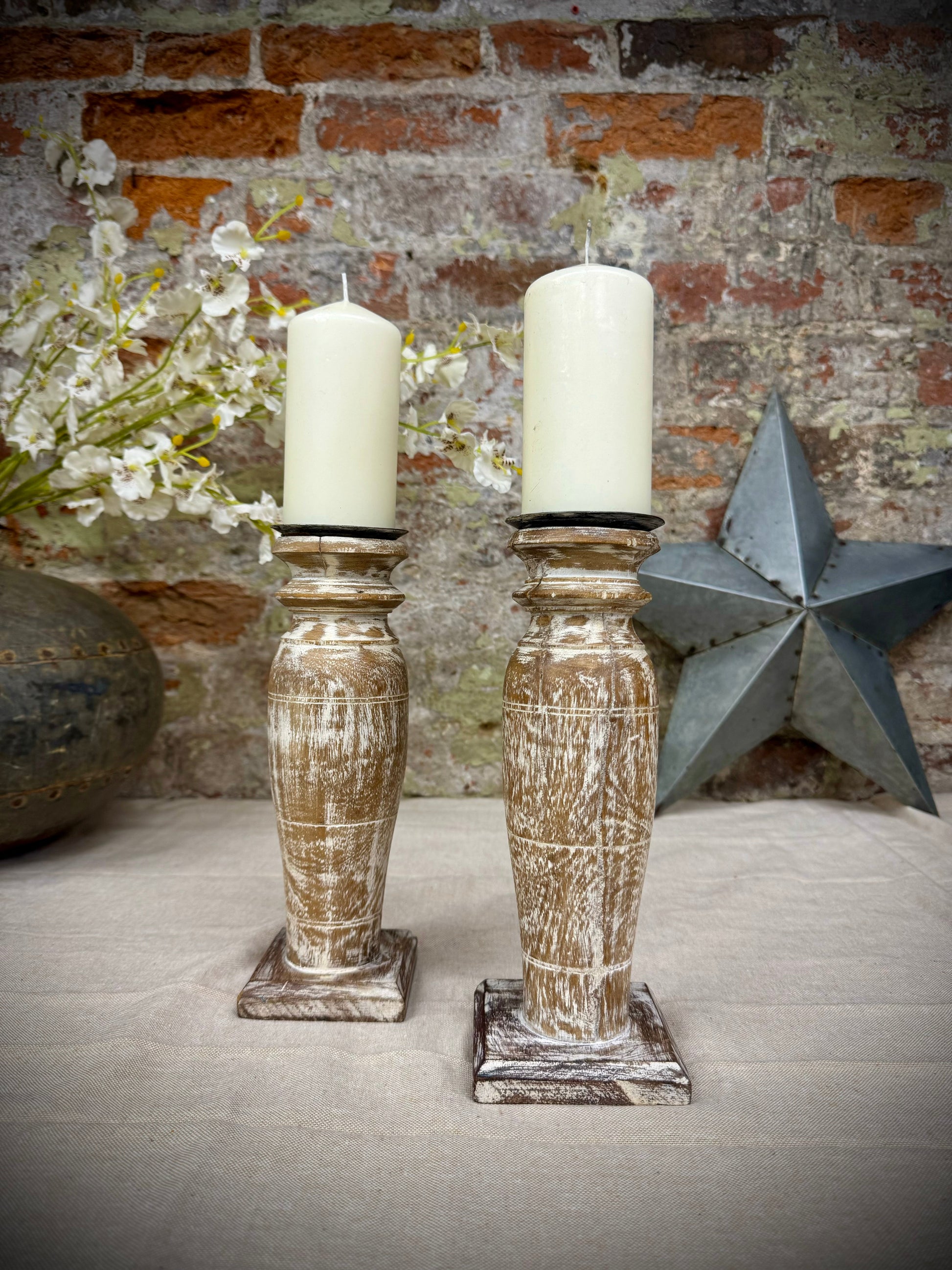 Pair of Rustic Wooden Candle Holders Large