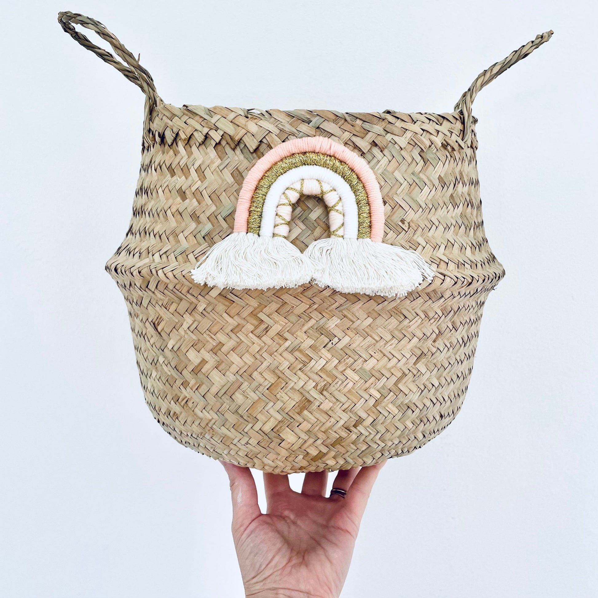 Pastel gold Macrame rainbow basket - large