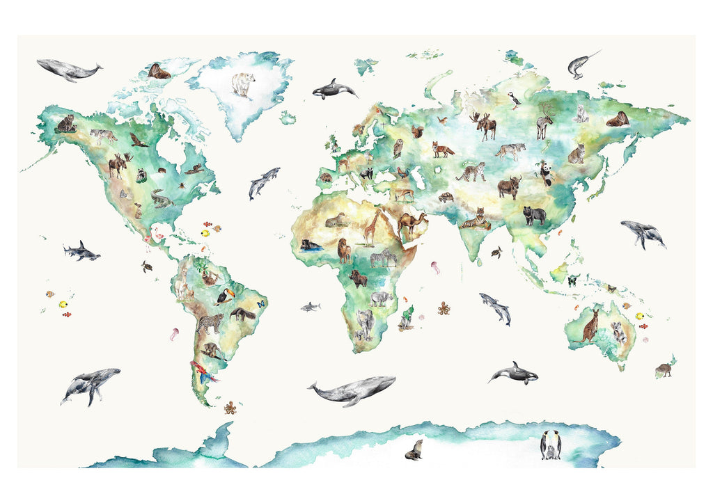 Hand Painted Wildlife World Map Print for Children
