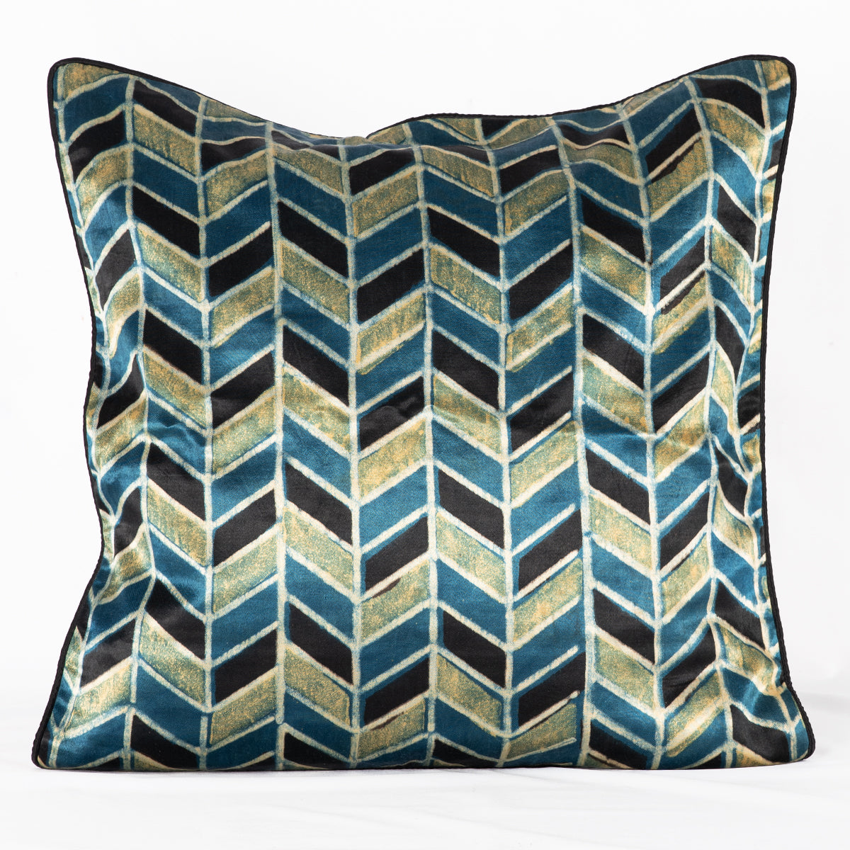 Geometric Chevron Hand Block Print Silk Cushion Cover Blue Black 40cm