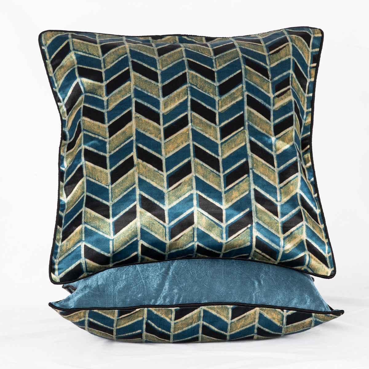 Geometric Chevron Hand Block Print Silk Cushion Cover Blue Black 40cm