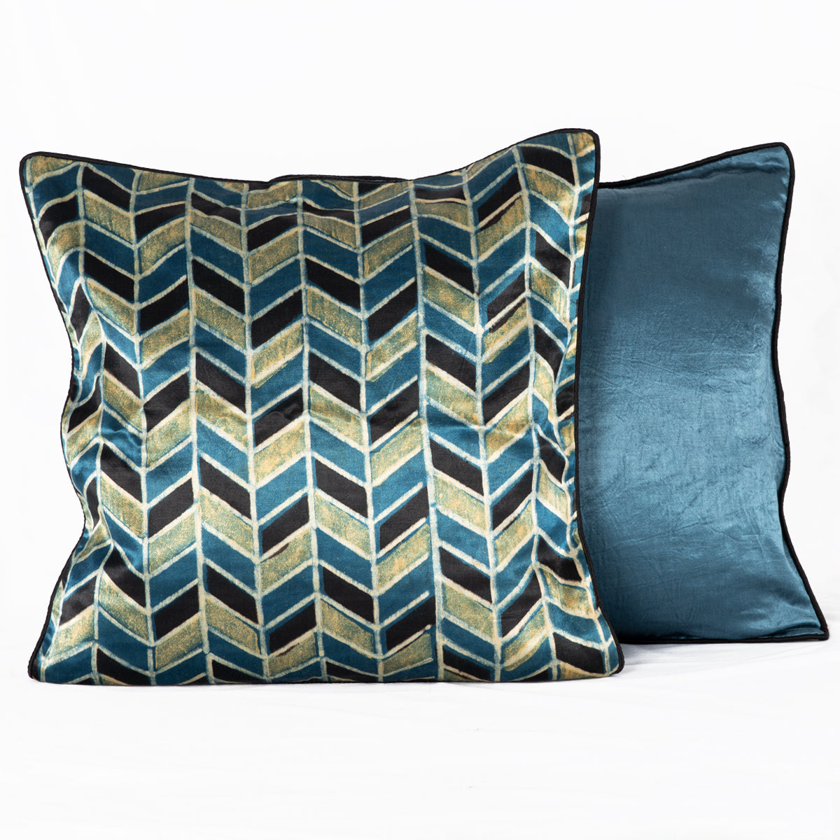 Geometric Chevron Hand Block Print Silk Cushion Cover Blue Black 40cm