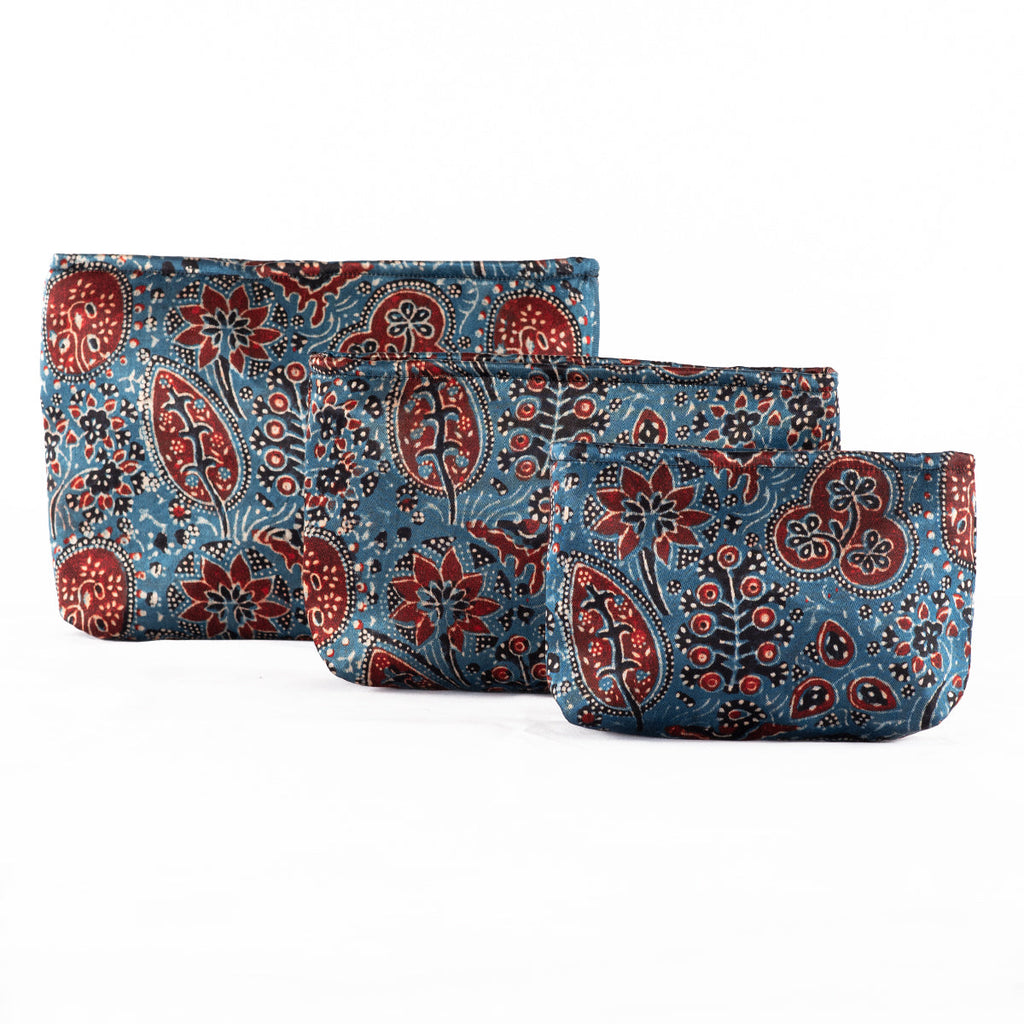 Hand Block Print Silk Travel Case Set of 3 Blue Red Black Floral