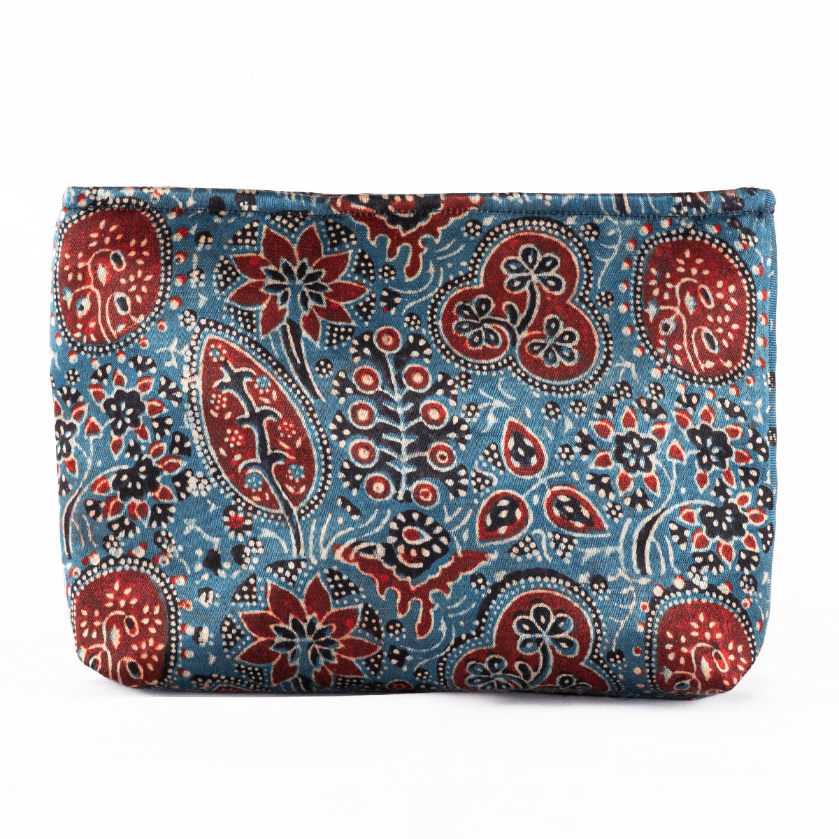 Hand Block Print Silk Travel Case Set of 3 Blue Red Black Floral