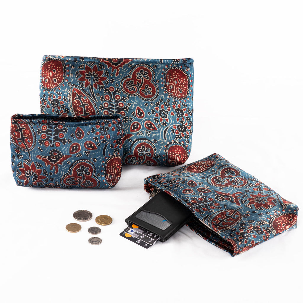 Hand Block Print Silk Travel Case Set of 3 Blue Red Black Floral