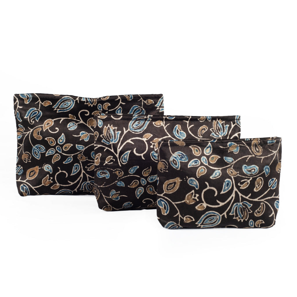 Hand Block Print Silk Travel Case Set of 3 Black Gold Blue Floral