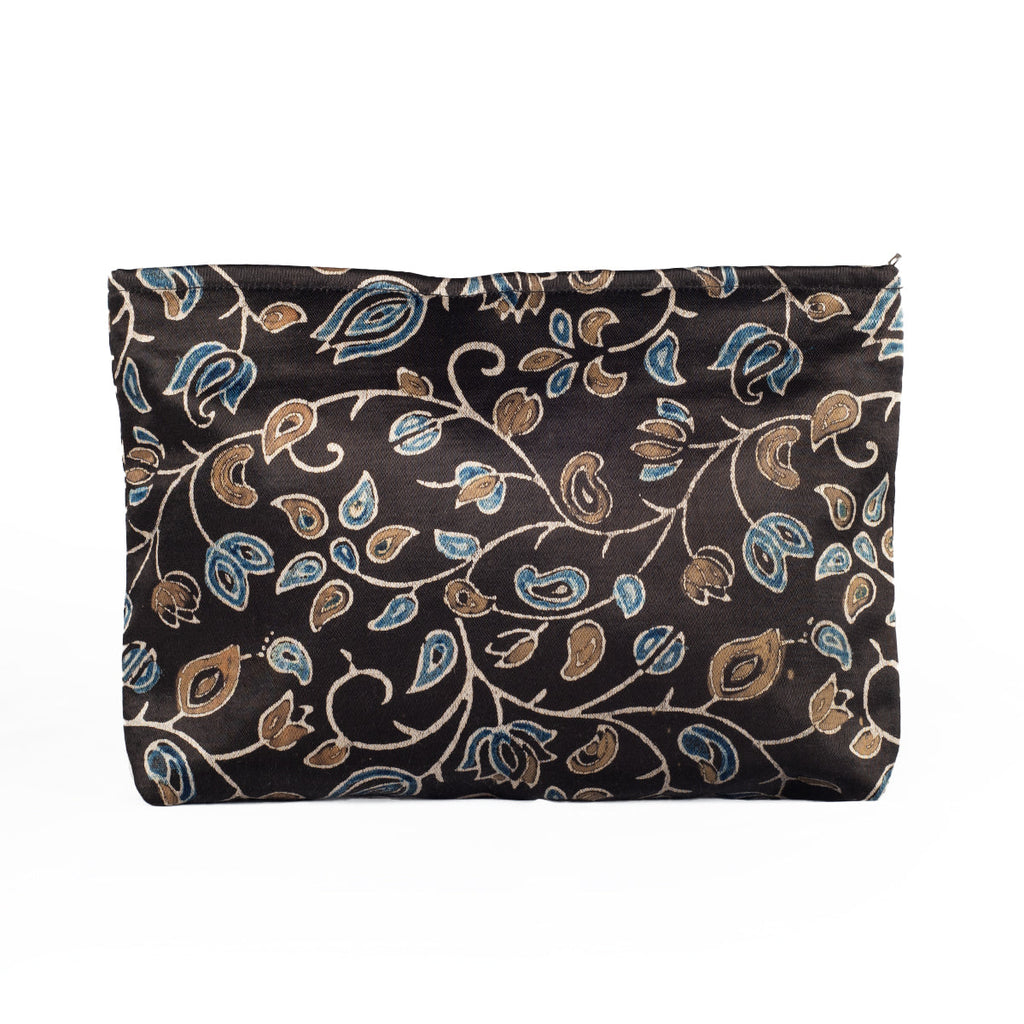 Hand Block Print Silk Travel Case Set of 3 Black Gold Blue Floral