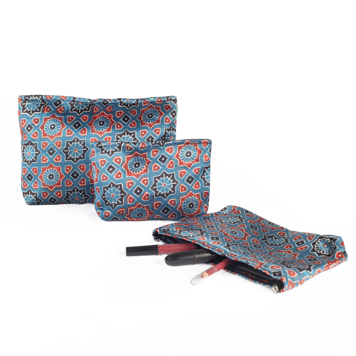 Hand Block Print Silk Travel Case Set of 3 Blue Red Black