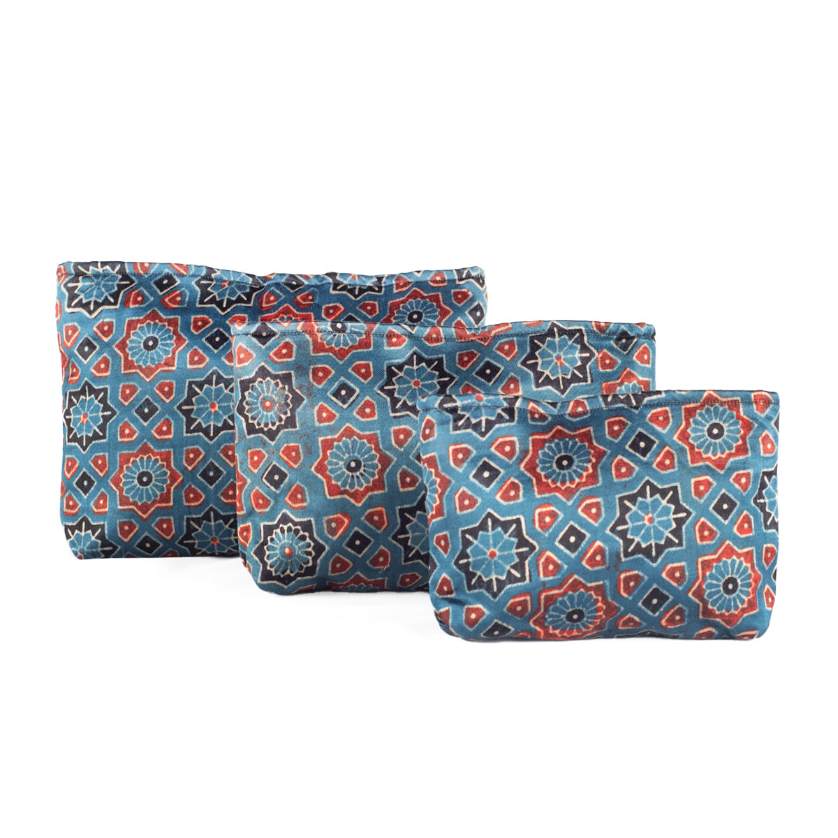 Hand Block Print Silk Travel Case Set of 3 Blue Red Black