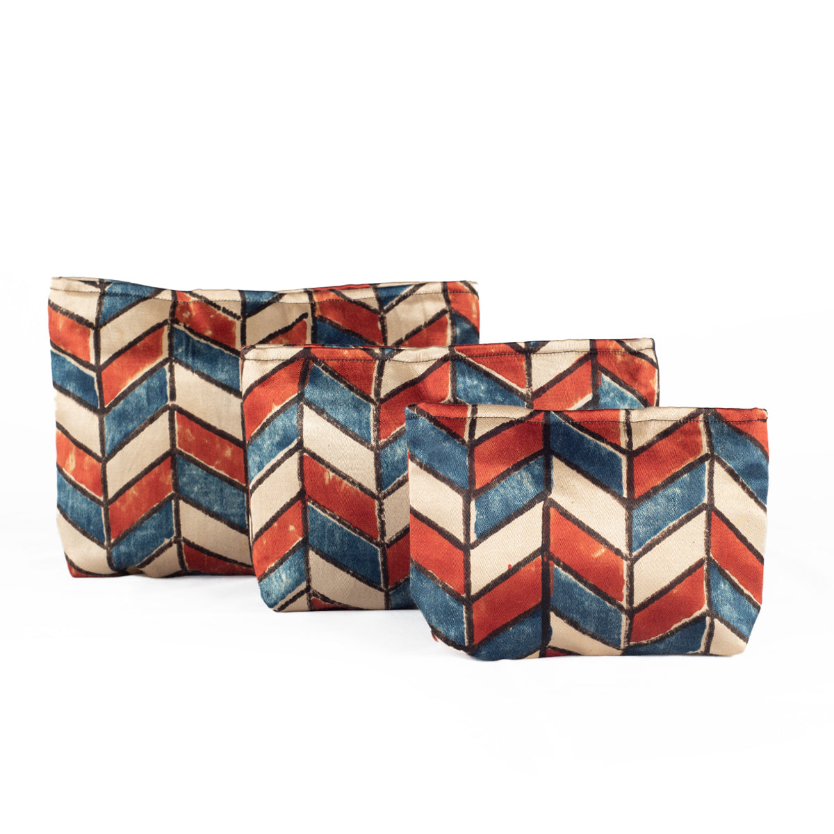 Hand Block Print Silk Travel Case Set of 3 Off White Red Blue Chevron
