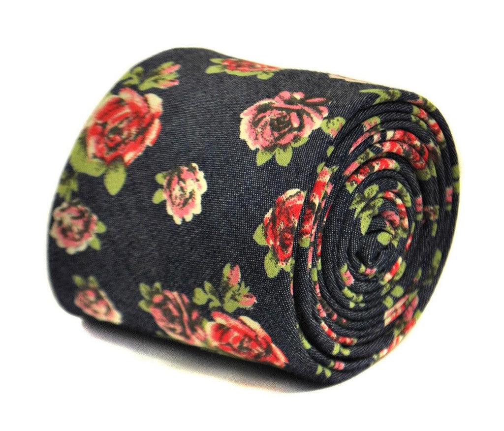 Navy Blue and Rose Floral Cotton Tie