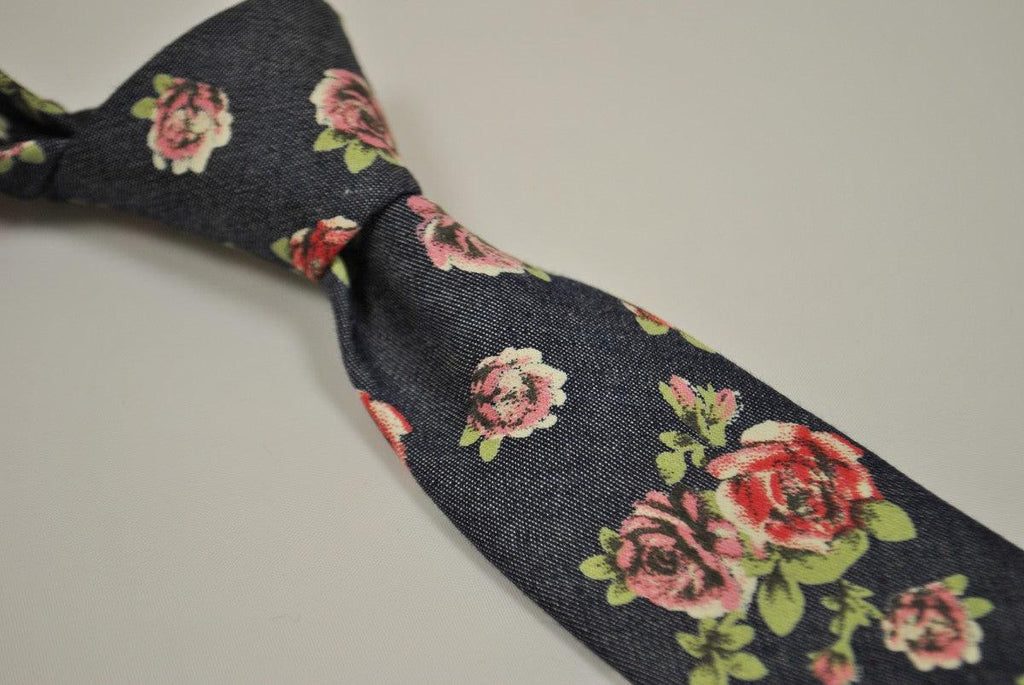 Navy Blue and Rose Floral Cotton Tie