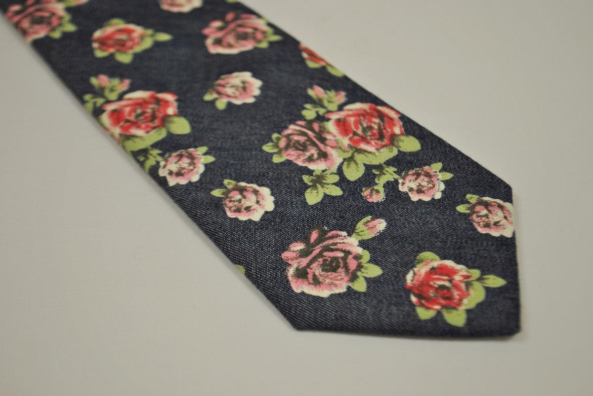 Navy Blue and Rose Floral Cotton Tie