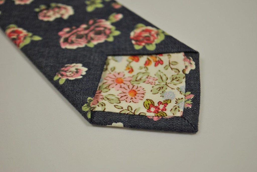 Navy Blue and Rose Floral Cotton Tie