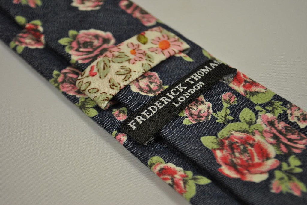 Navy Blue and Rose Floral Cotton Tie