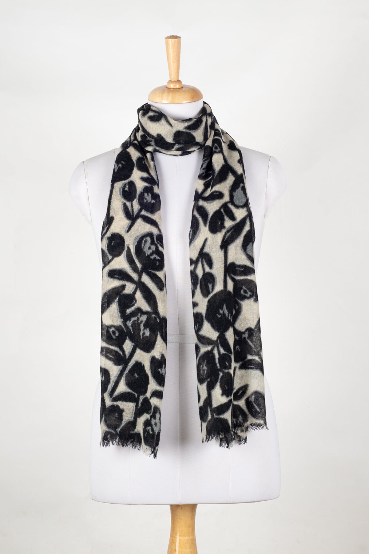 Merino Wool Scarf in Black and White Floral