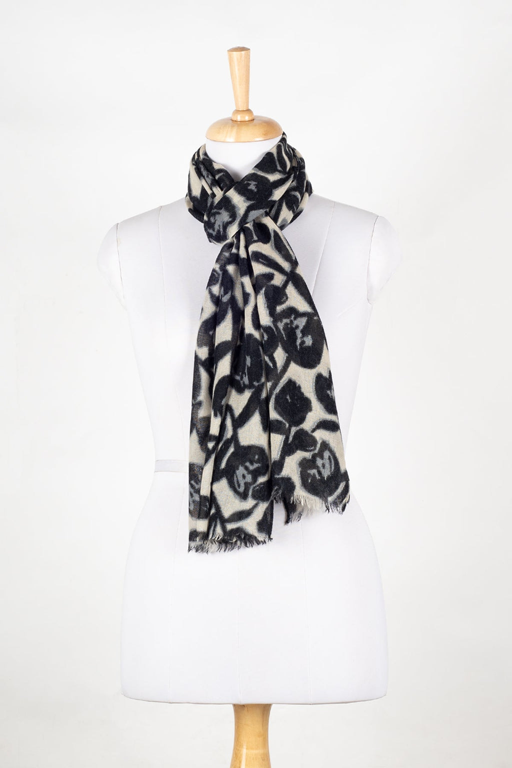 Merino Wool Scarf in Black and White Floral