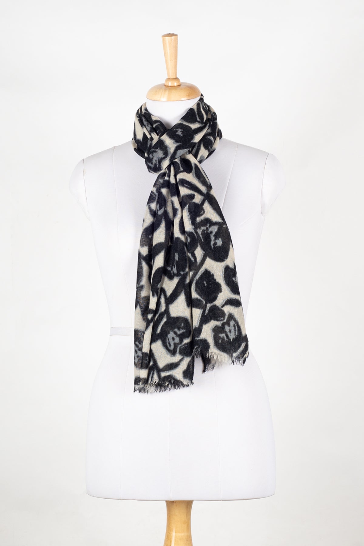 Merino Wool Scarf in Black and White Floral